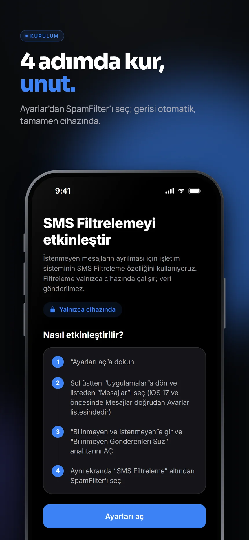4 adımda kur, unut: SMS filtrelemeyi etkinleştirme ekranı